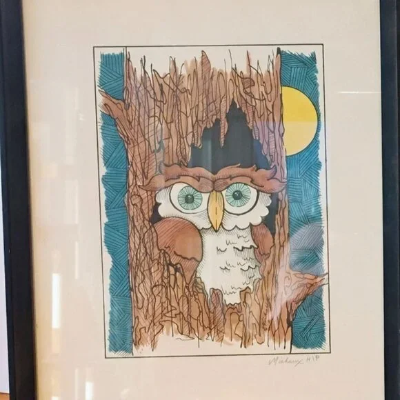 Vtg Set of 2 Whimsical Owl Art Prints Artisan Signed Michaux HIP 1976 - Picture 3 of 10